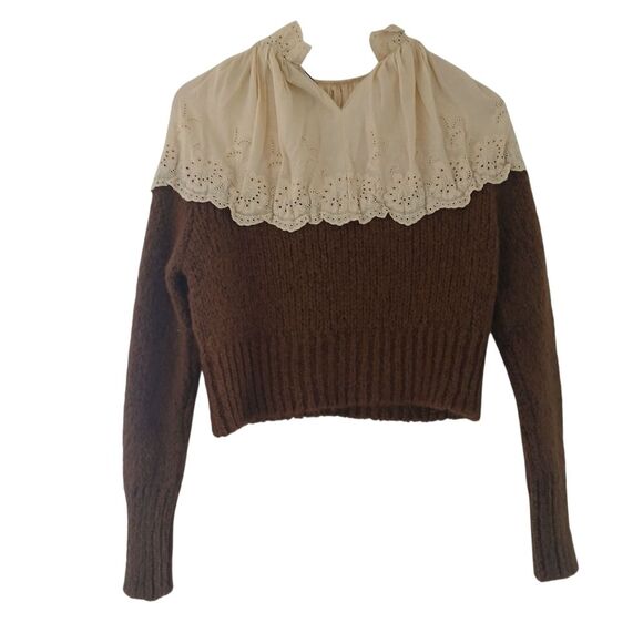 Zara Contrast Knit Cropped Sweater Long Neck Eyelet Peasant Boho Hippie Farmcore - Picture 3 of 11